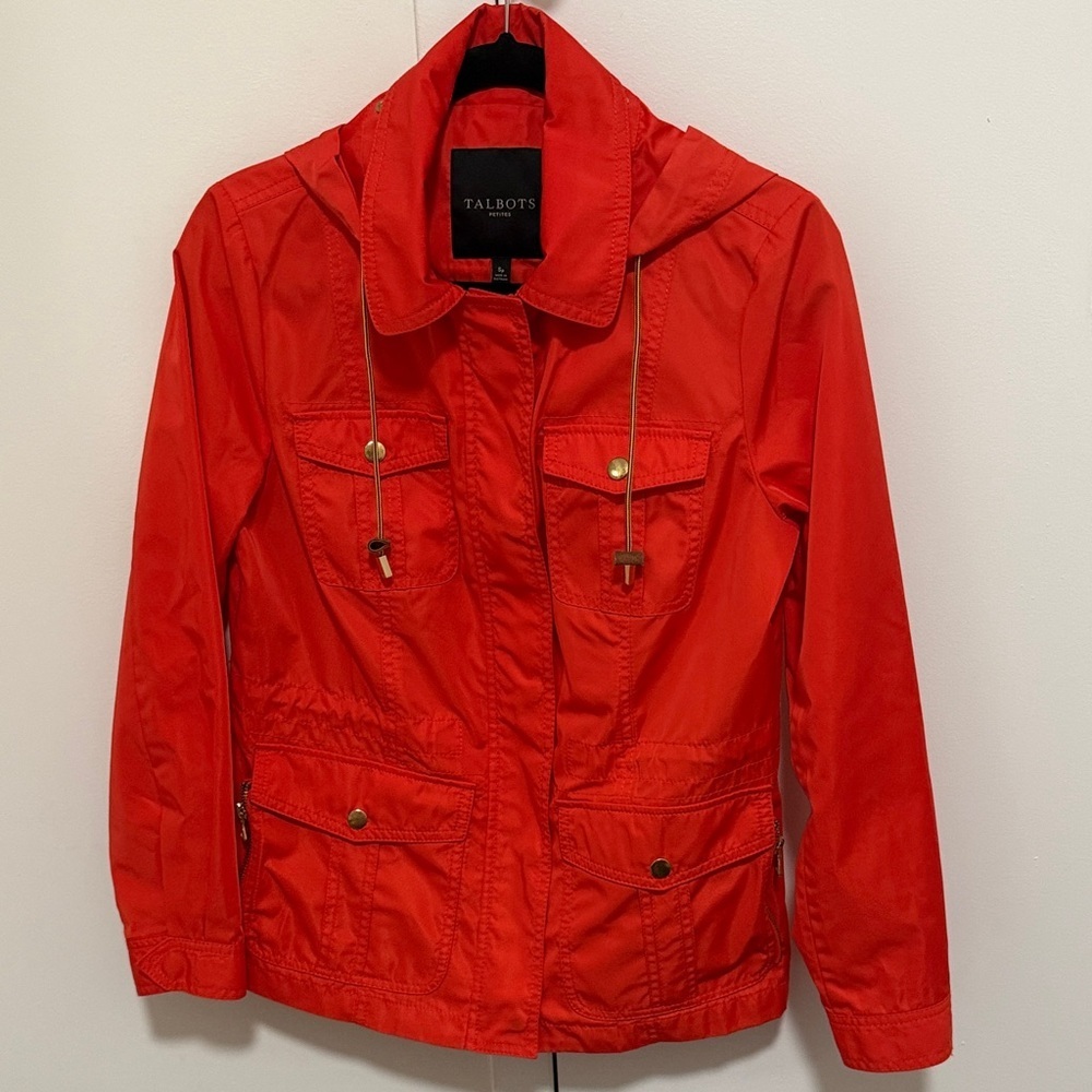 Talbots Petites Hooded Anorak Orange Water Repellent Jacket. Size Petite Small.